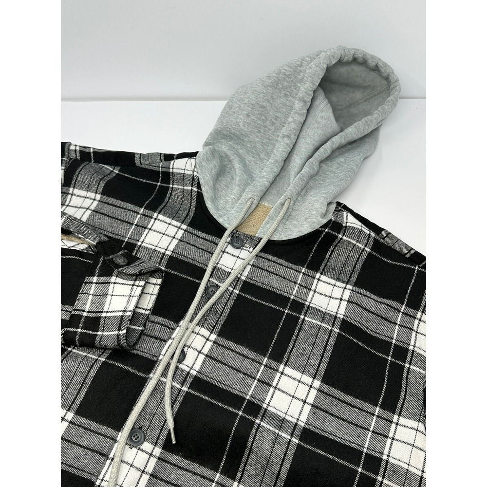 Black White Plaid Hooded Flannel Shirt Jacket Sherpa Lined Small A6